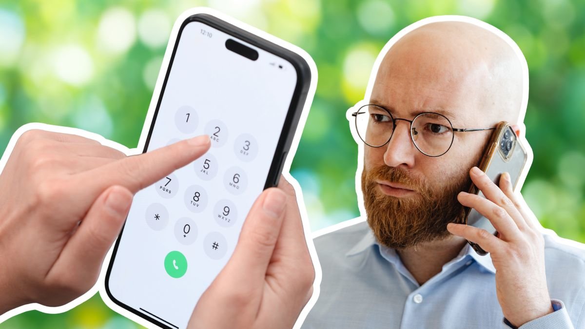 Knappsats på mobiltelefon och en man som pratar i mobiltelefon