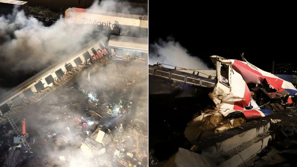 Minst tre av vagnarna spårade ur i tågkraschen i Larissa i Grekland.