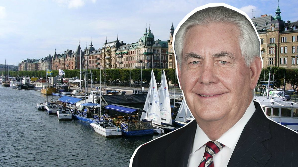 Ett montage på Rex Tillerson mot en bakgrund av Stranvägen i Stockholm.
