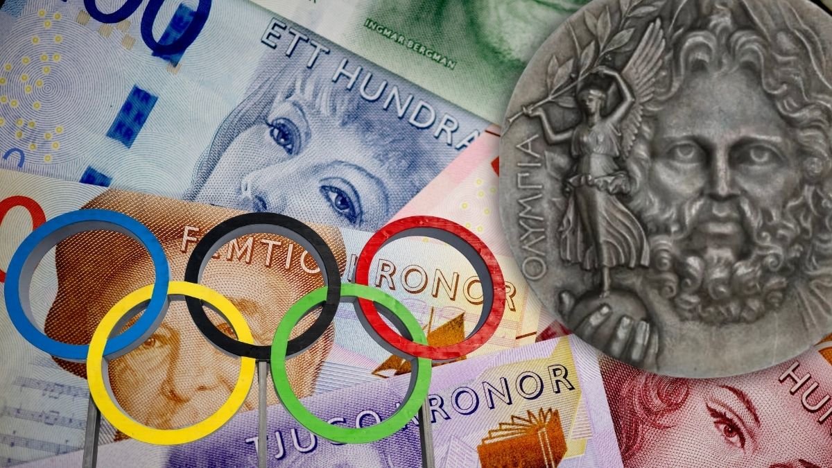 Pengar, OS-medalj från det första OS och olympiska ringar.