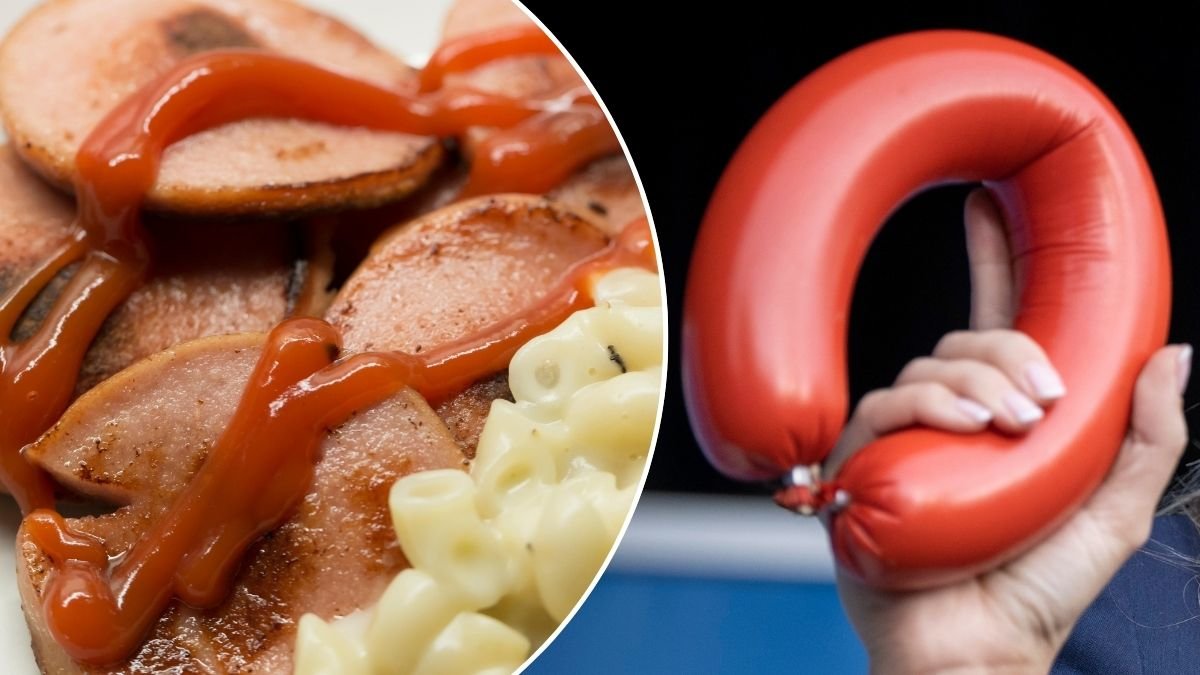 Bilder på falukorv och falukorv med stuvade makaroner.