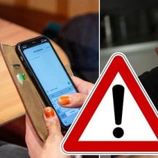 Person som skriver ett sms, en man med ansiktet begravt i händerna och en varningstriangel.