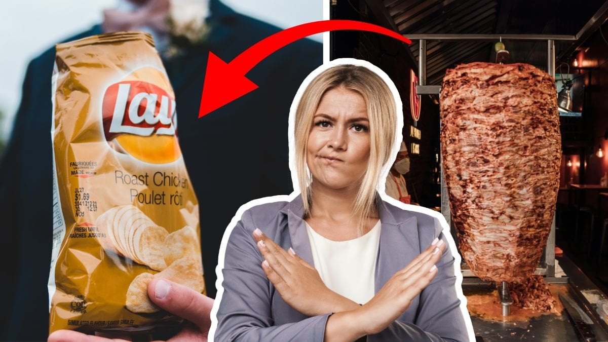 Chipspåse vänster. Kebabspett höger. En kvinna som gör ett x med armarna i mitten.