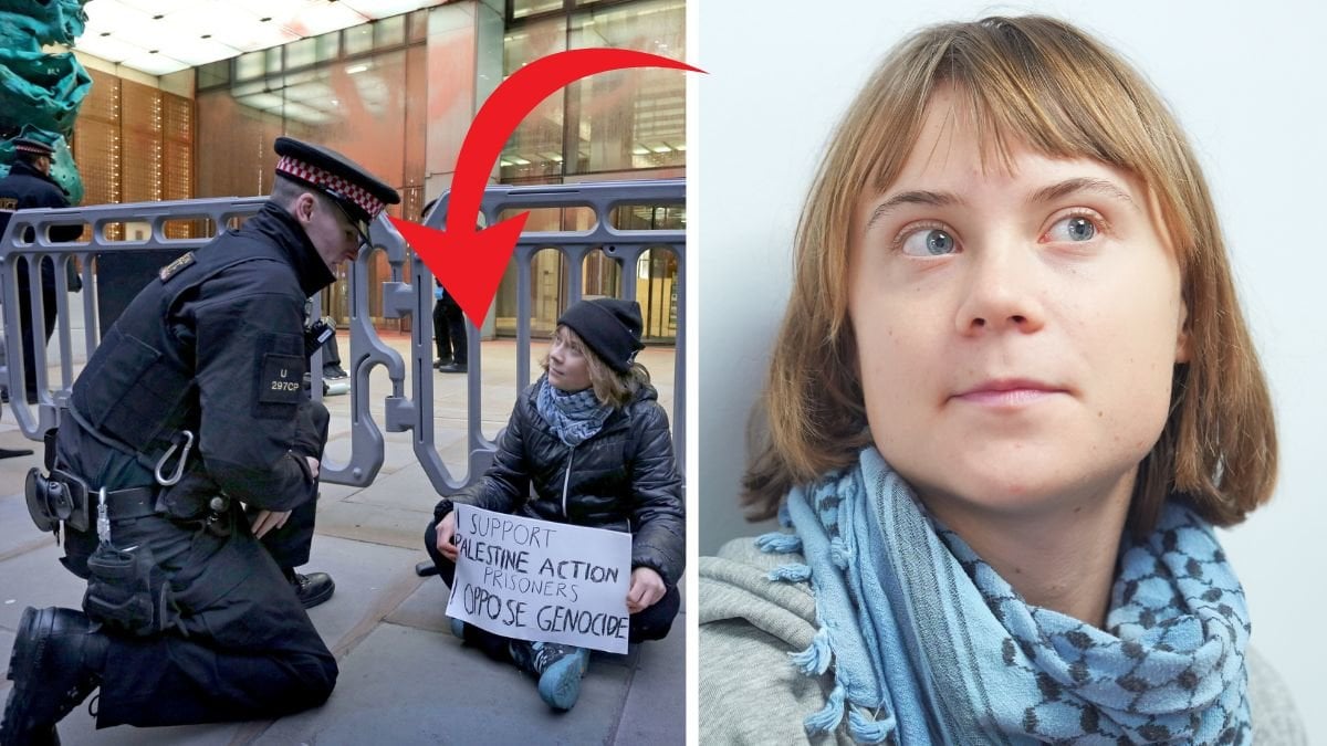 Greta Thungberg med skylt i handen sittande på marken och en brittisk polis som kollar på henne till vänster. En närbild på Greta till höger.