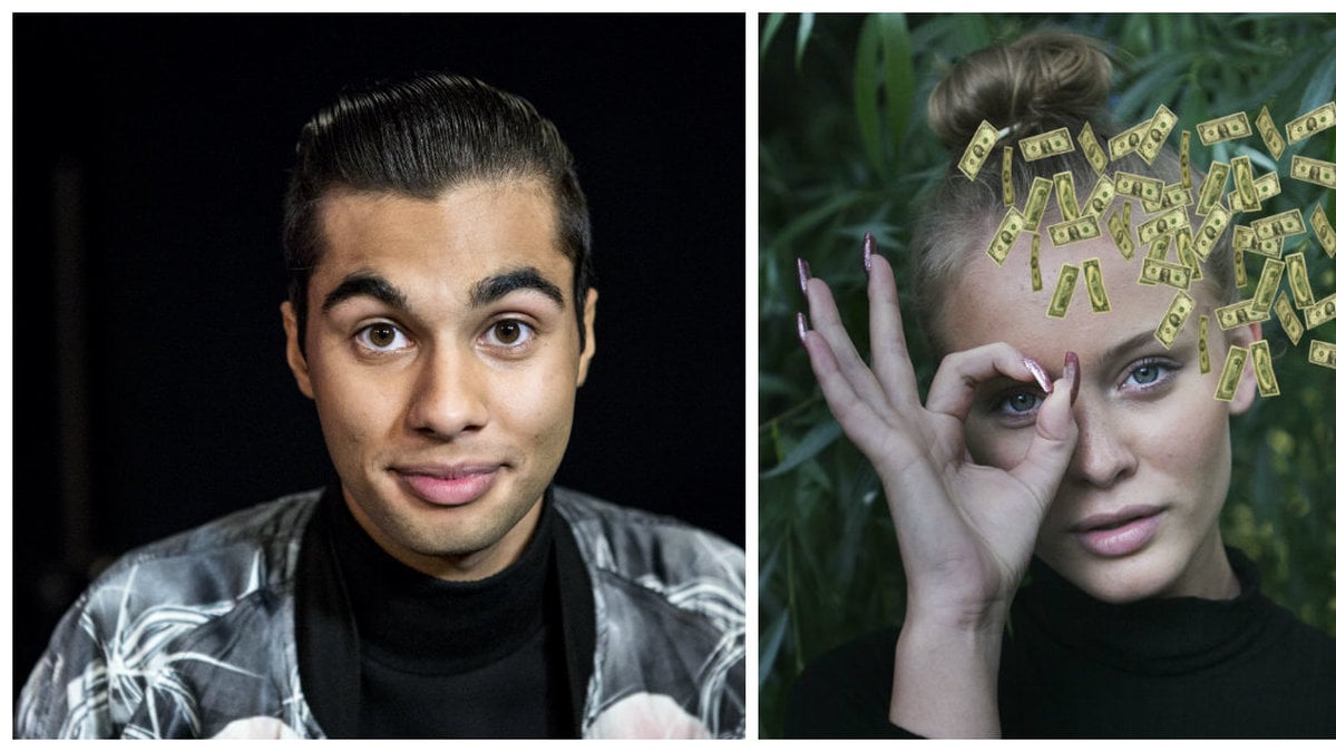 En bild på skådespelaren William Spetz och sångaren Zara Larsson samt inklippta sedlar. 