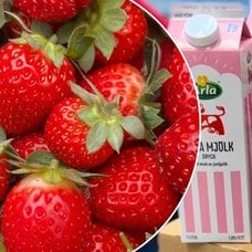 Bilder på jordgubbar och Arlas nya rosa mjölk.