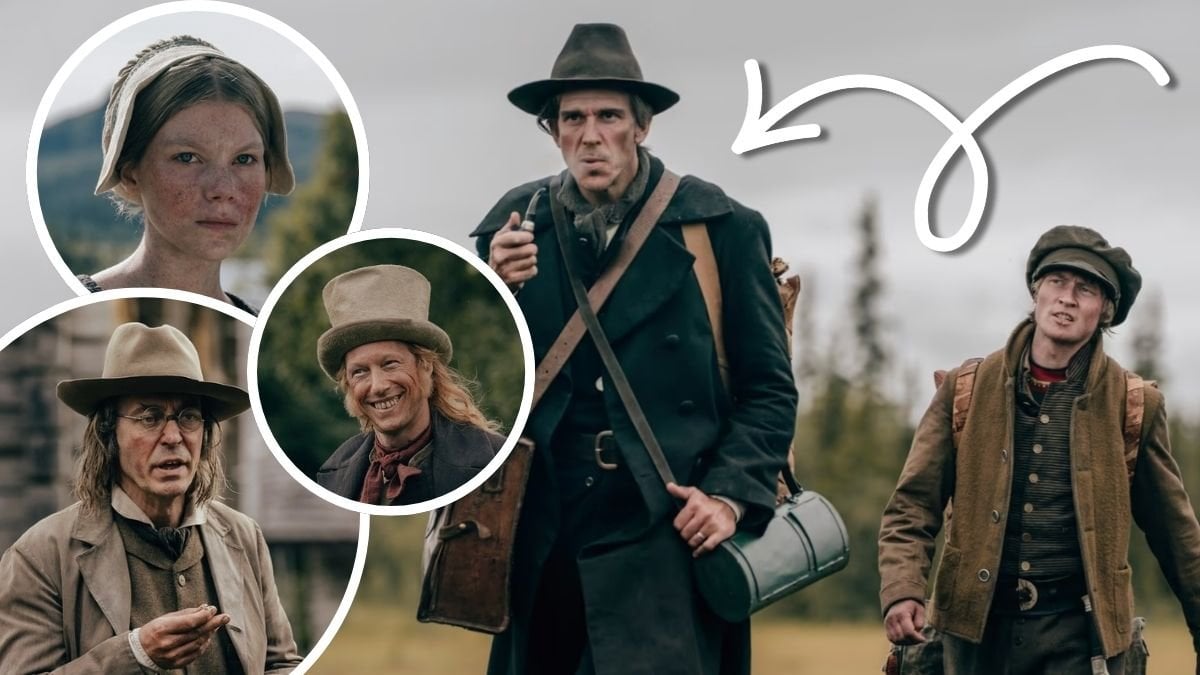 Tyra Wingren, Jonas Karlsson, Simon J. Berger och Gustaf Skarsgård i Koka björn på Disney+ 