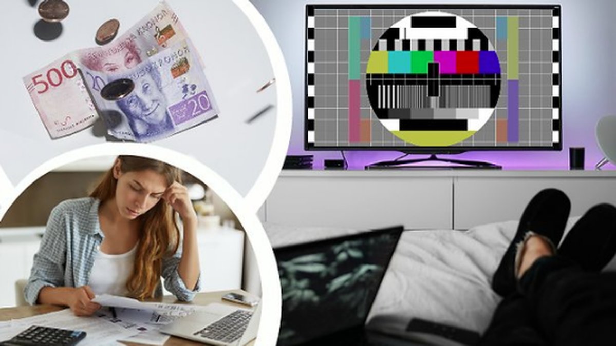 En tv. Tjej betalar räkningar. Pengar som faller