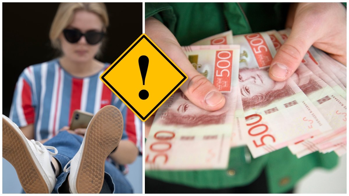 Ung kvinna med mobiltelefon och en person som håller kontanter