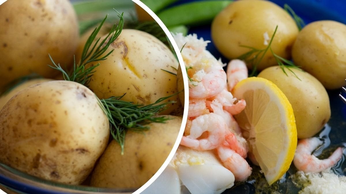 Bilder på potatis och fisk.