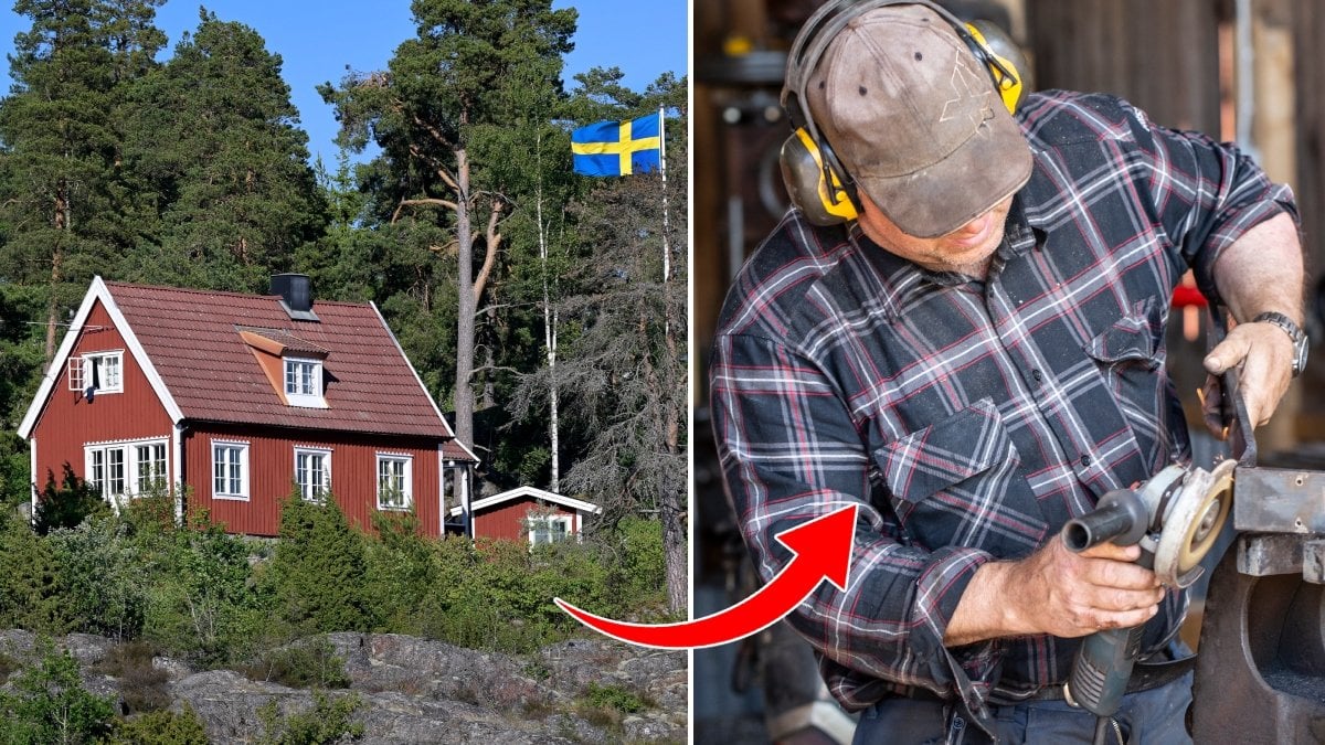 Rött hus med vita knutar i Stockholms skärgård och en hantverkare med hörselkåpor. 