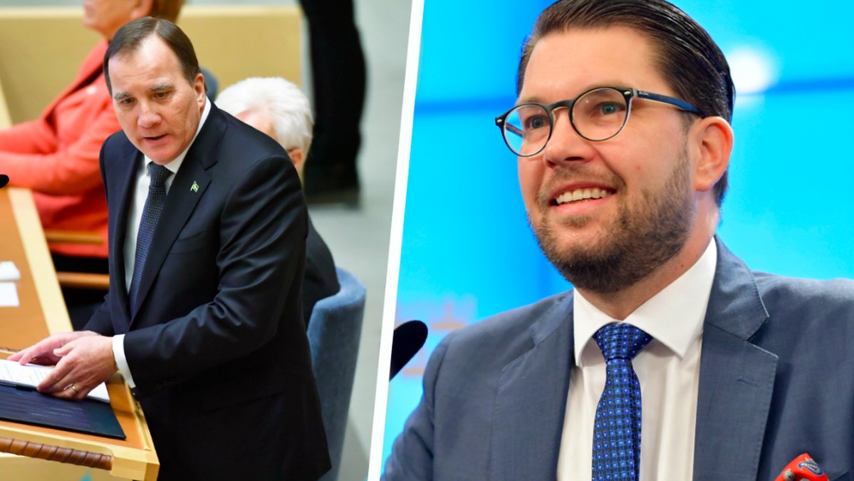 Stefan Löfven i riksdagens talarstol. Till höger en leende Jimmie Åkesson. Kollage. 