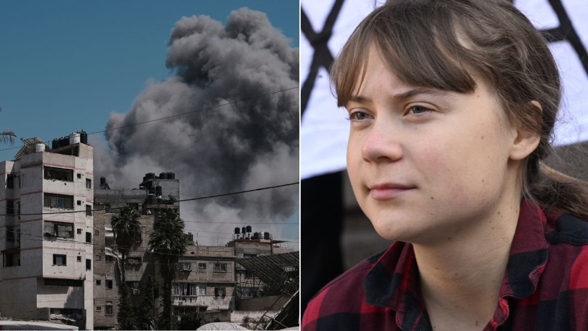 Rök stiger mot skyn efter en Israelisk attack på Gaza. Andra bilden: Greta Thunberg. 