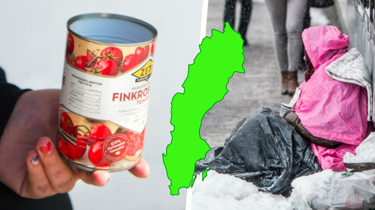 En plåtmugg och en tiggande kvinna. Kollage. 