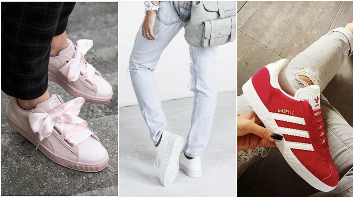 Rosa Puma, tjej i jeans och vita skor, röda Gazelle