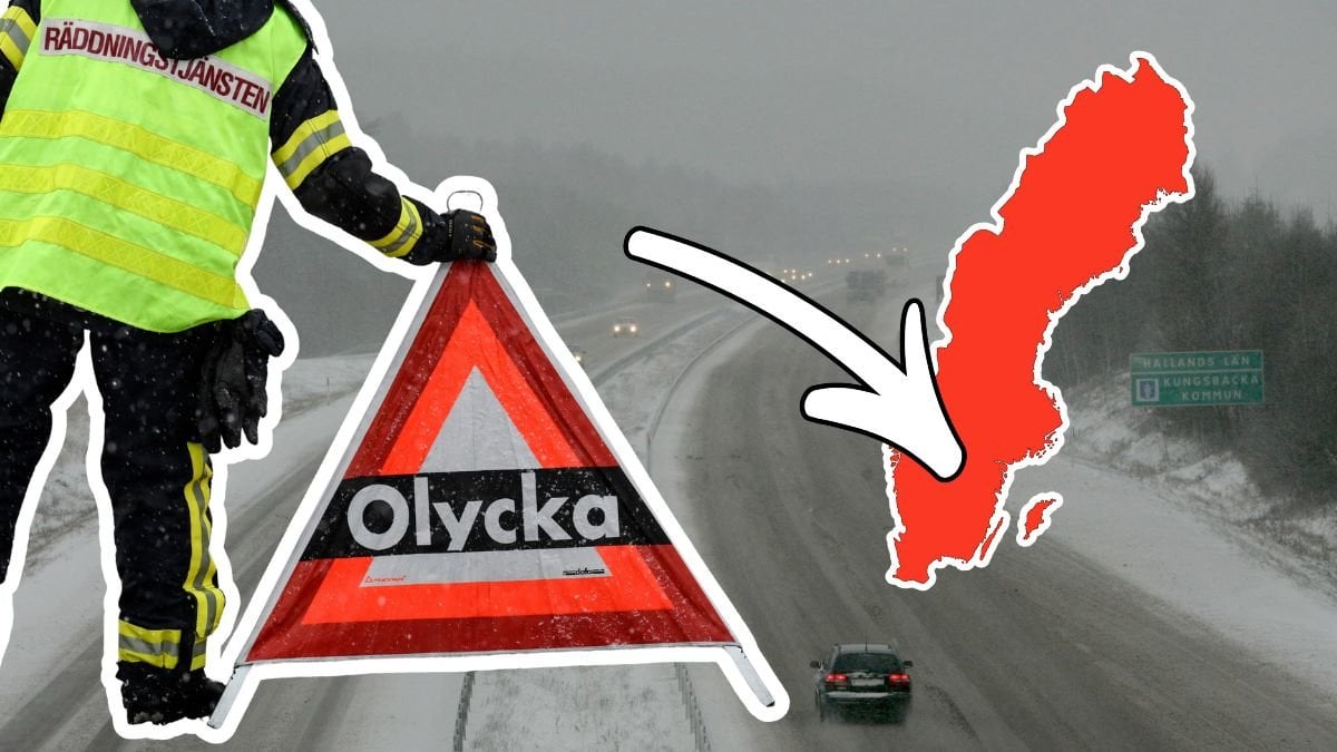 Olycksskylt och bilar på vinterväg