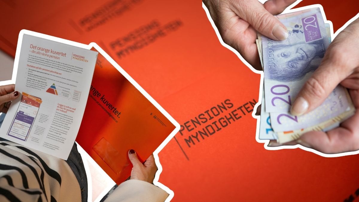 Pensionsmyndighetens orange kuvert och pengar.