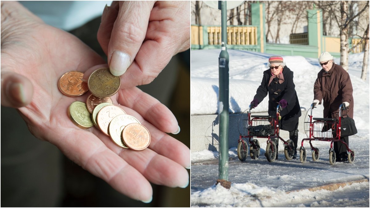 Hand som räknar mynt och pensionärer på promenad med rullator