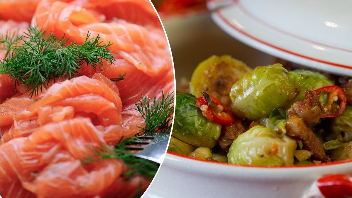 Bilder på lax oh brysselkål.