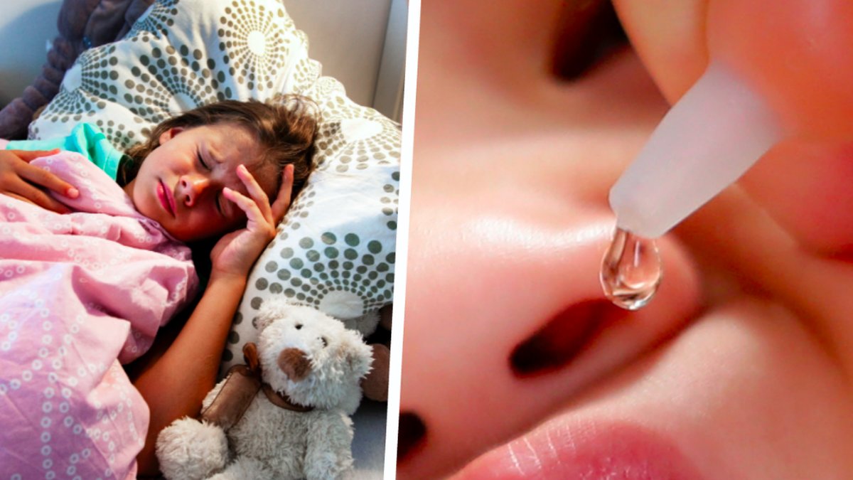 Ett sjukt barn och vaccindroppar. Kollage.