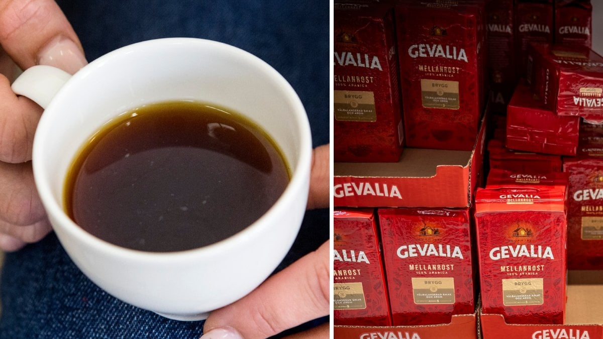 Bilder på kaffepaket och en kopp kaffe.