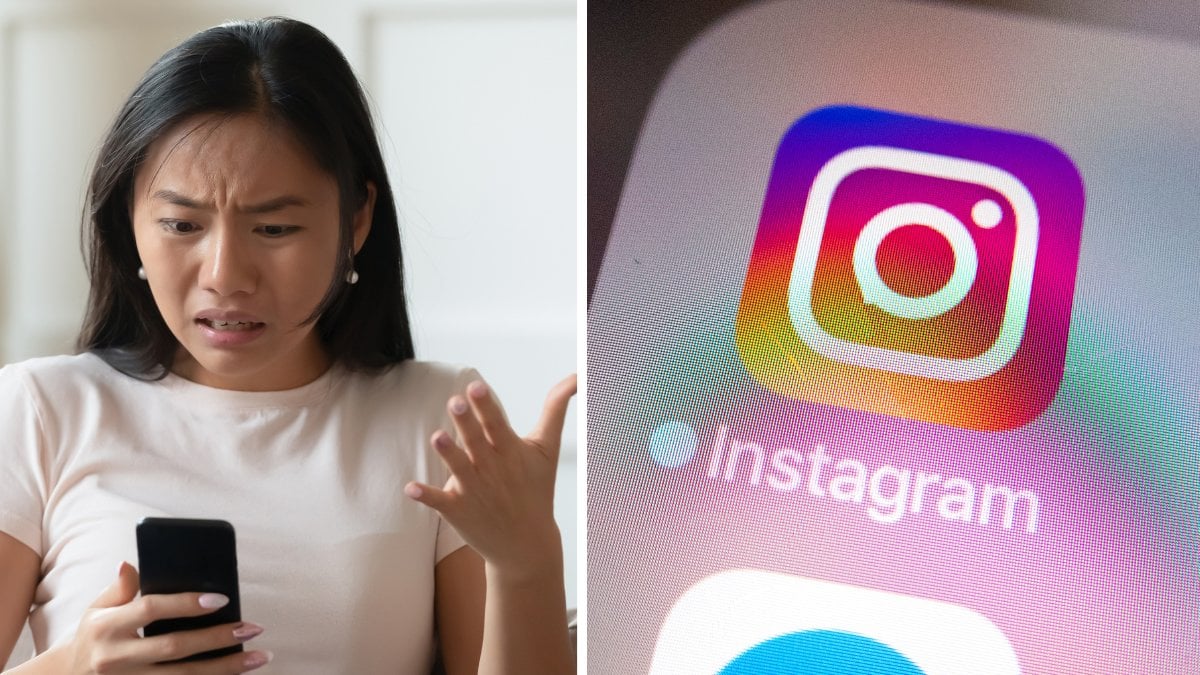 Kvinna arg på sin telefon vänster. Instagrams app-ikon höger.