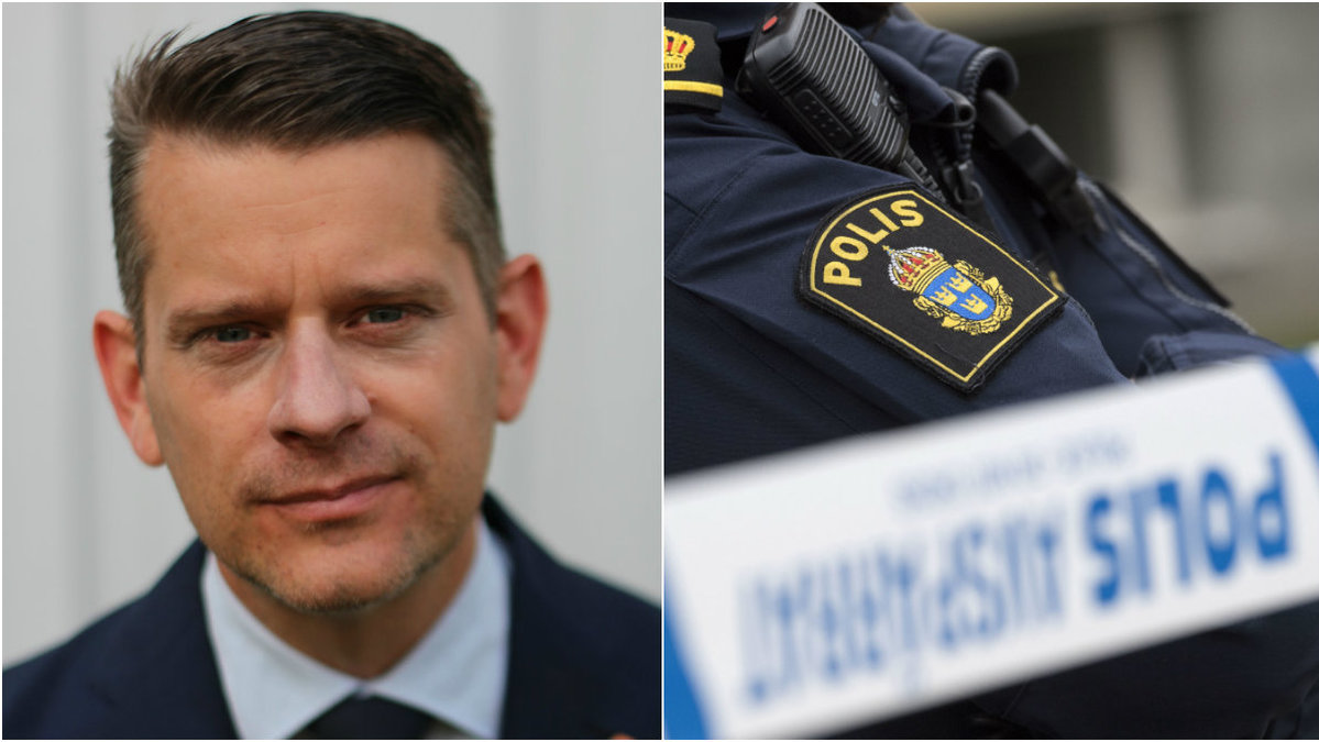 Collage: Marcus Birro och polis bakom avspärrningstejp.