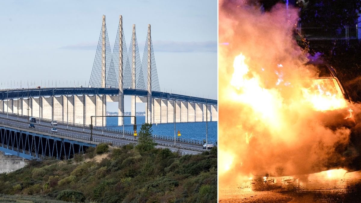 Öresundsbron och en bil som brinner.