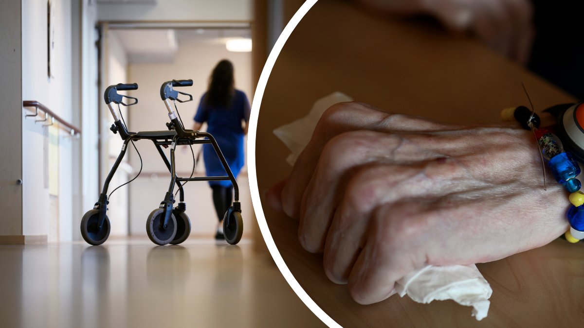 En rullator på ett äldreboende vänster. Närbild på en äldres hand med ett trygghetslarm runt handleden höger.