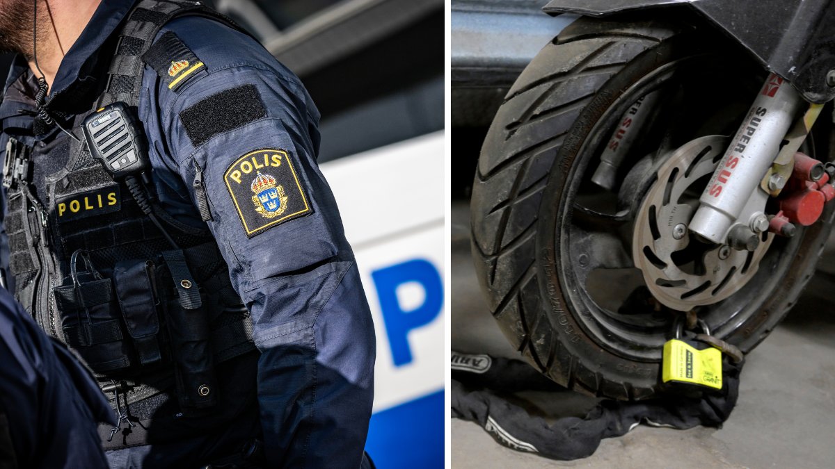 Polis framför polisbil vänster. Mopedhjul höger.