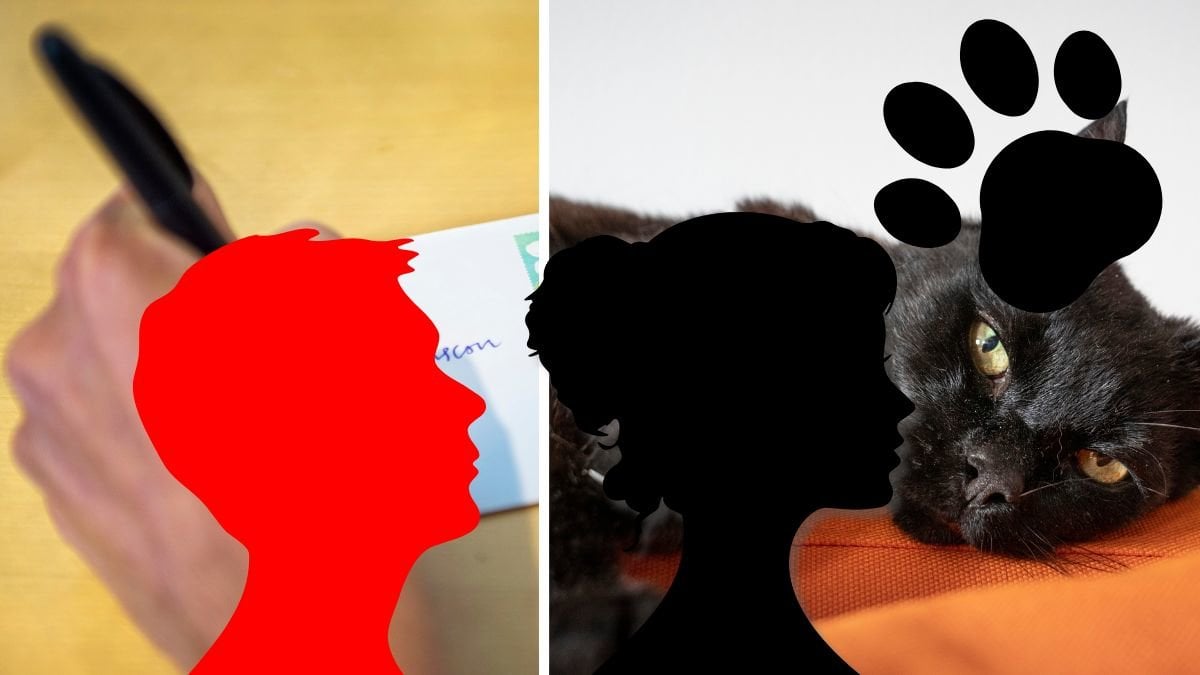 Hand som skriver på papper till vänster. En röd siluett av en man utklippt till vänster. En svart katt till höger, en svart siluett av en kvinna höger. En katt-tass i höra övre hörnet.