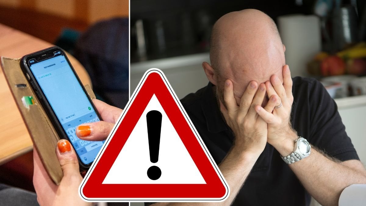 Person som skriver ett sms, en man med ansiktet begravt i händerna och en varningstriangel.