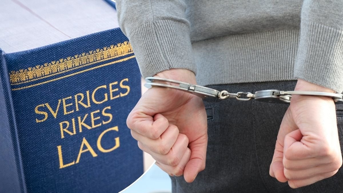 Bild på Sveriges lagbok och en man med handklovar.