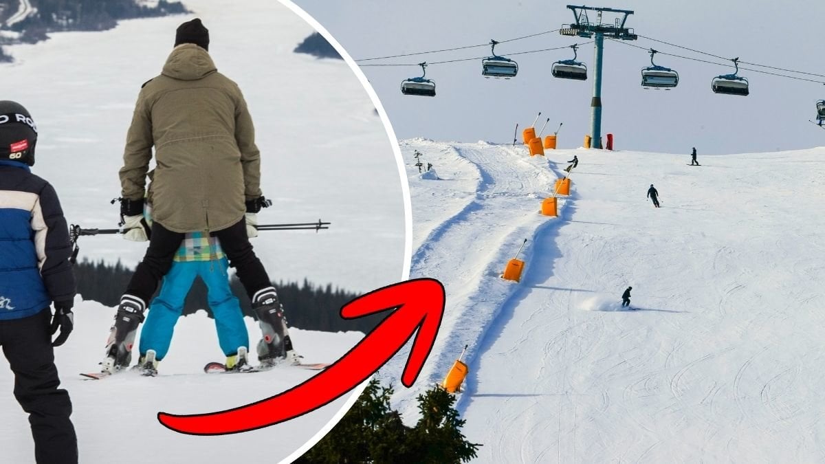 Bilder på en skidbacke och några som åker skidor.