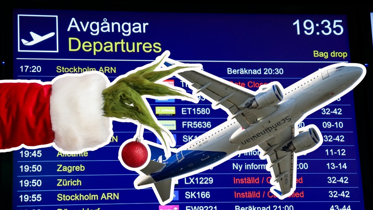 Grinchen hand till vänster utklippt. Flygplan utklippt till höger. Flygtabell i bakgrunden. 