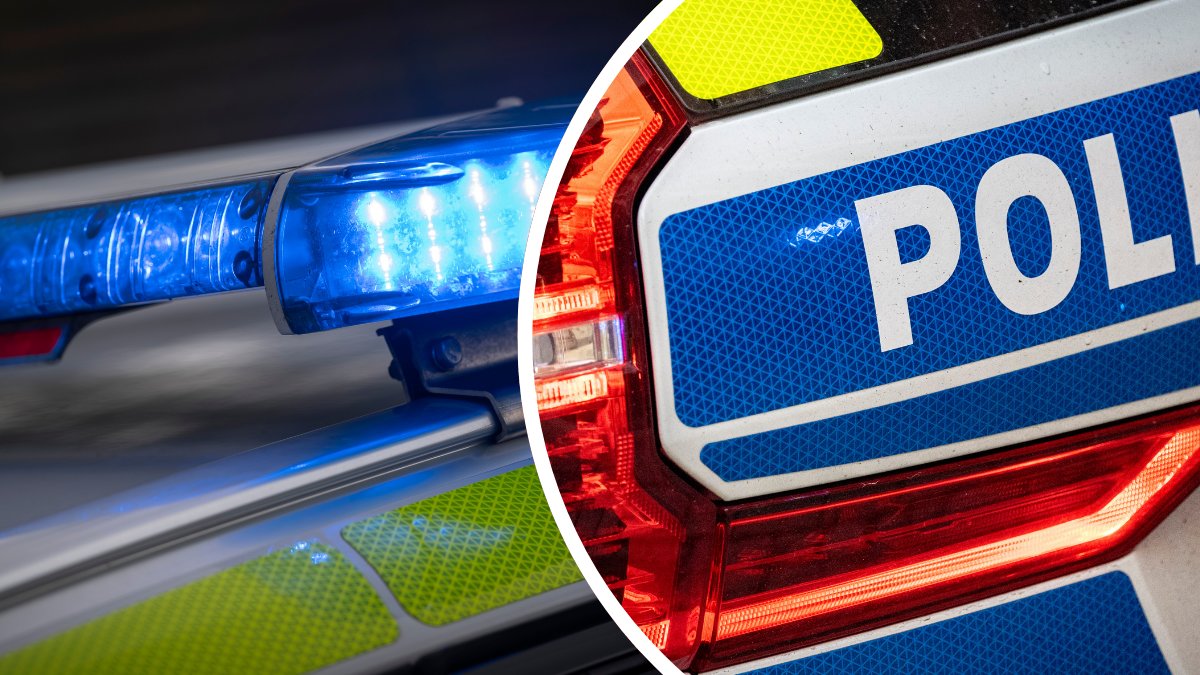 Blåljus polis bil vänster. Närbild polisbil höger.
