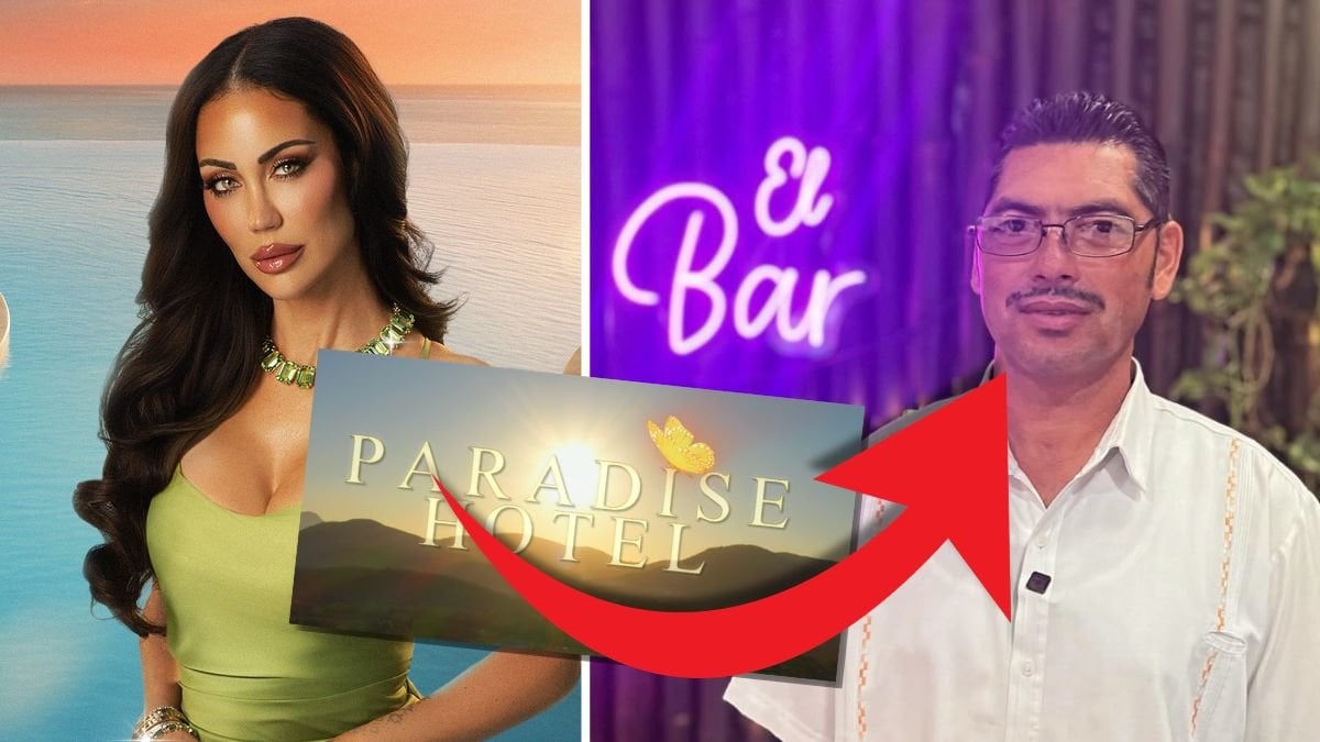 Rebecca Stella framför en pool och bartendern Antonio i Paradise Hotel-baren