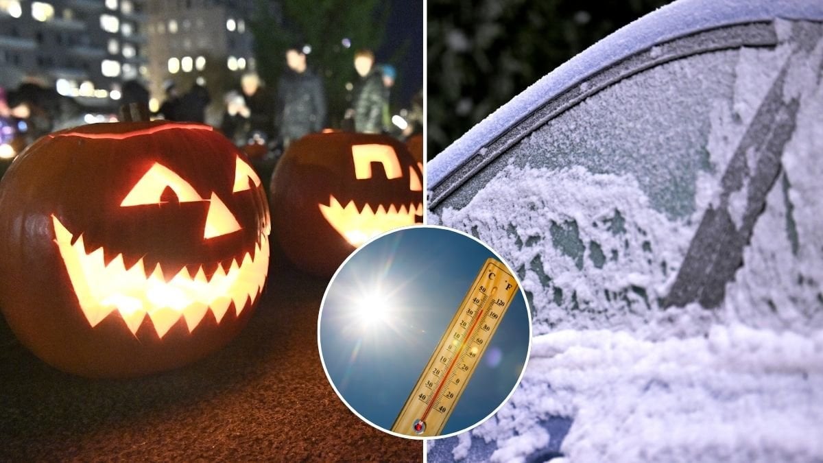 Halloweenpumpa, sol och snö på en bil.