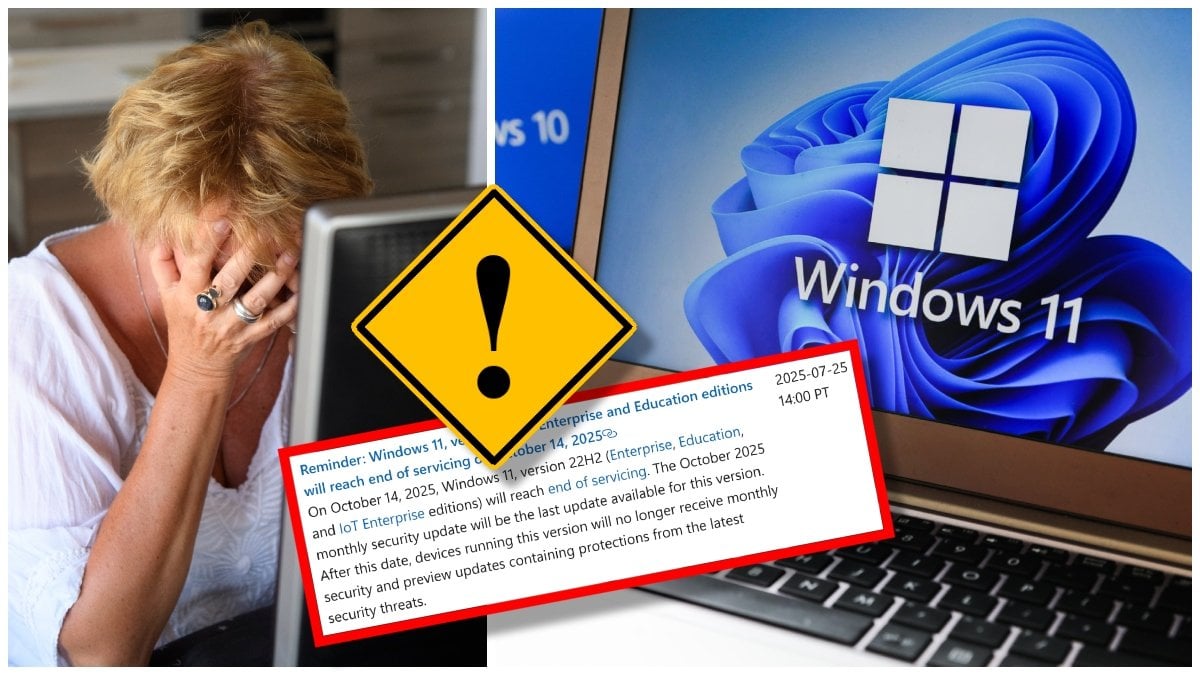 Kvinna med ansiktet i händerna framför dator och Windows 11 på en datorskärm