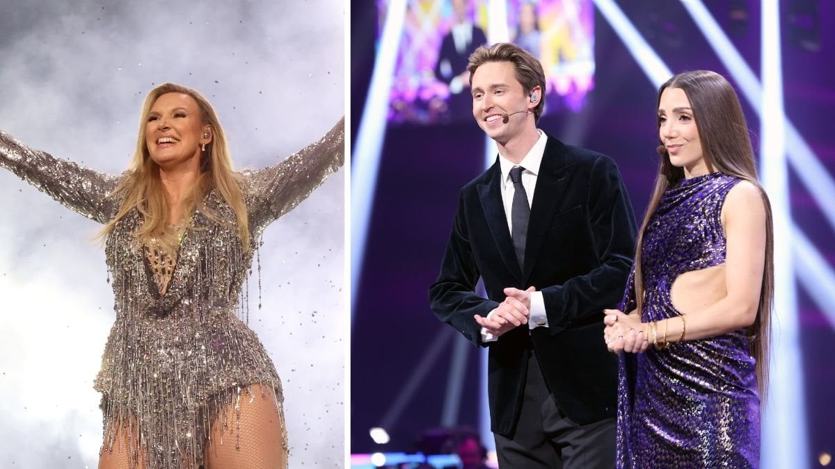 Sanna Nielsen vänster. Gina Dirawi och Hampus Nessvold höger.