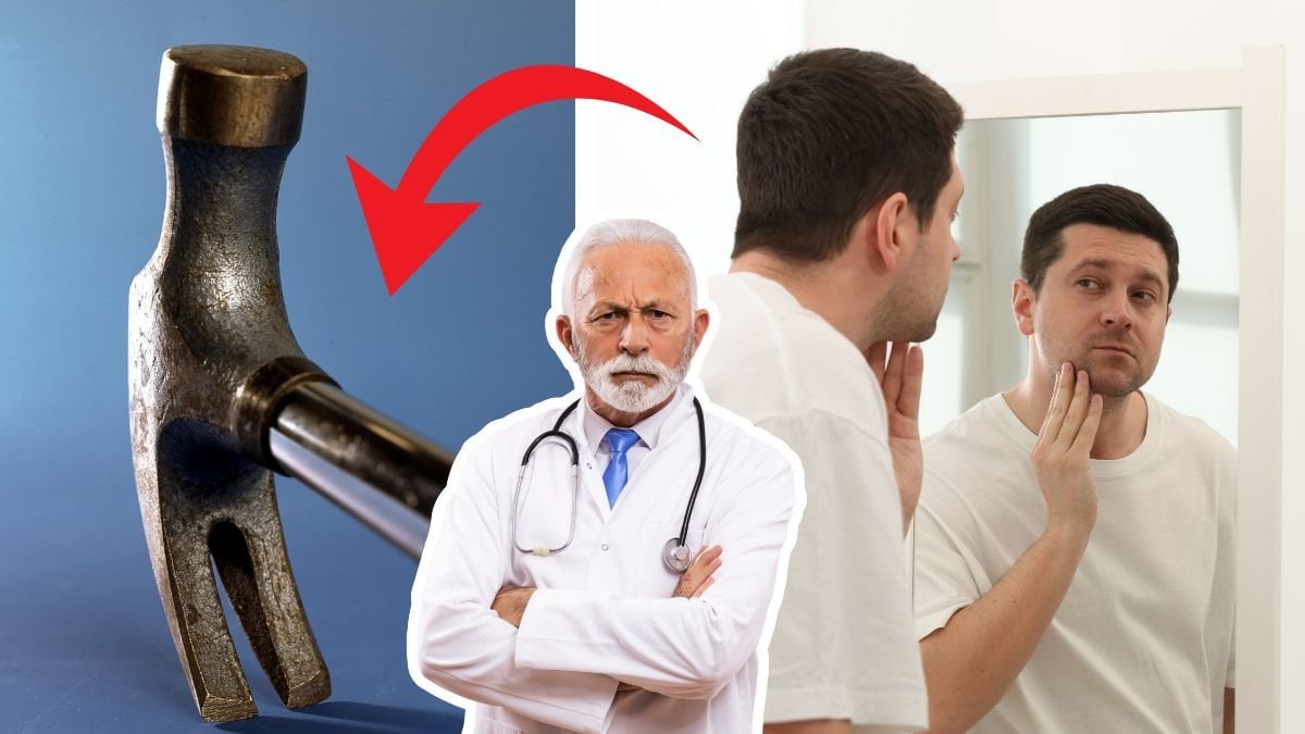 Hammare till vänster. Utklippt läkare som ser arg ut i mitten. en man som kollar sig själv i speeln till höger. En röd pil pekar från mannen i spegeln till hammaren.