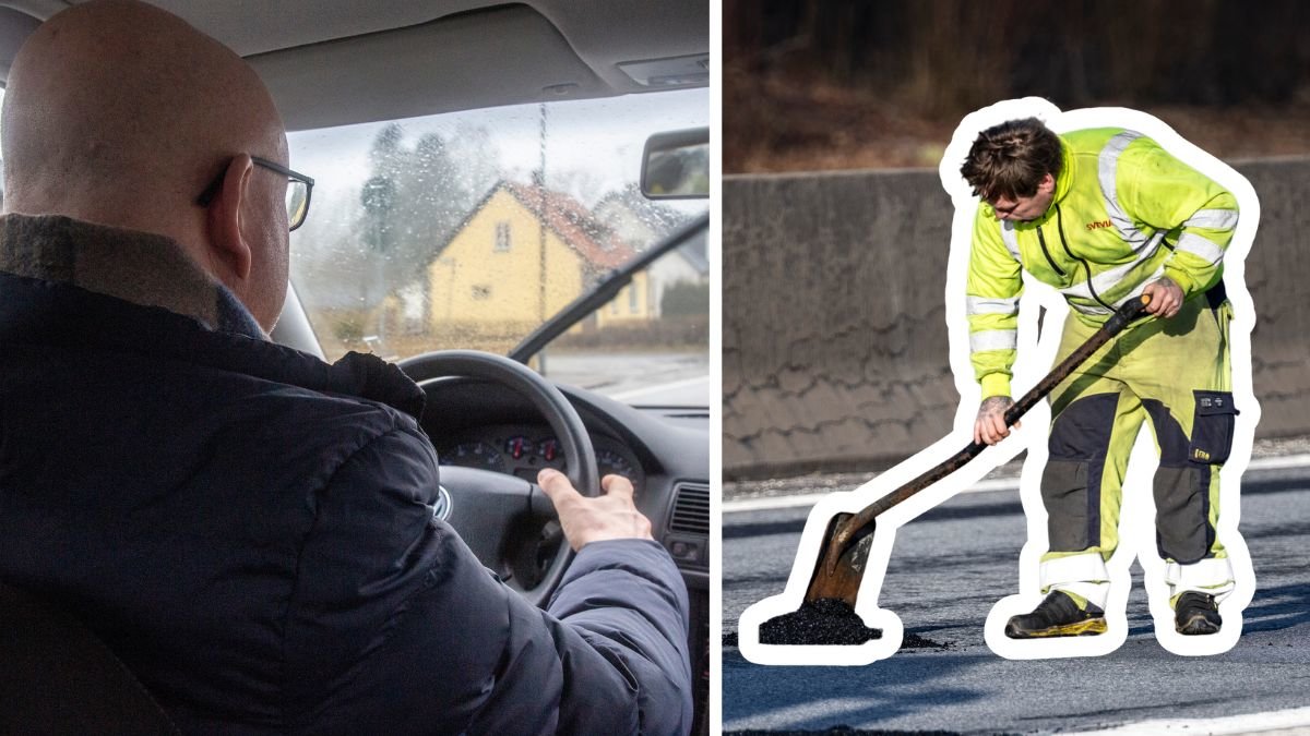 Man kör bil och en vägarbetare.
