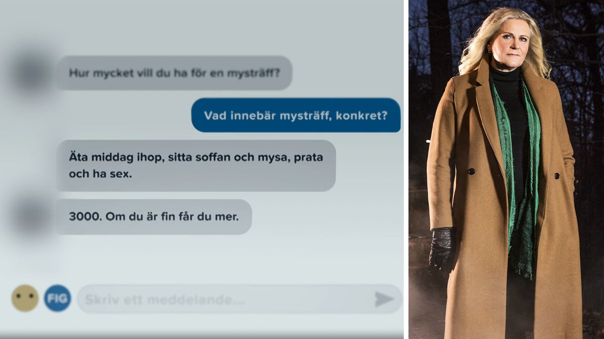 en konversation på Tinder, en blod kvinna i beige rock