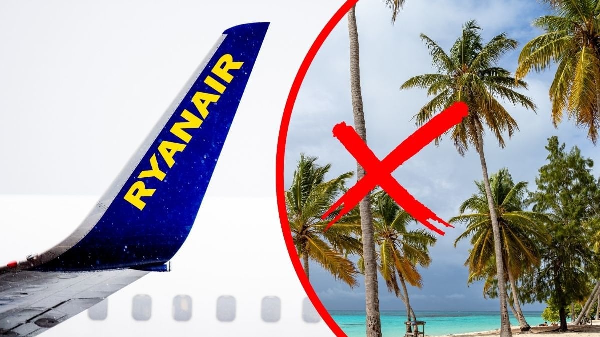 Ryan Air-flygplan vänster. Palmer höger. Ett rött X i mitten.