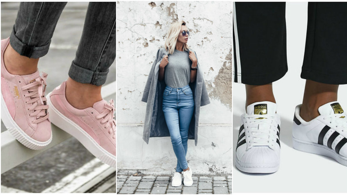 Skor Puma, tjej i sneakers, adias skor