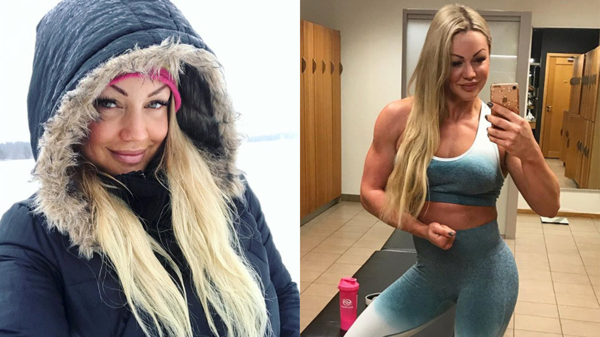 en blond kvinna i dunjacka, en blond kvinna i träningskläder spänner musklerna