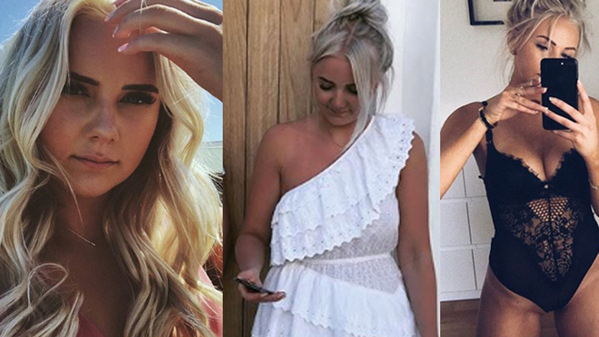 Linn Ahlborg tar selfies och tittar i sin mobiltelefon.