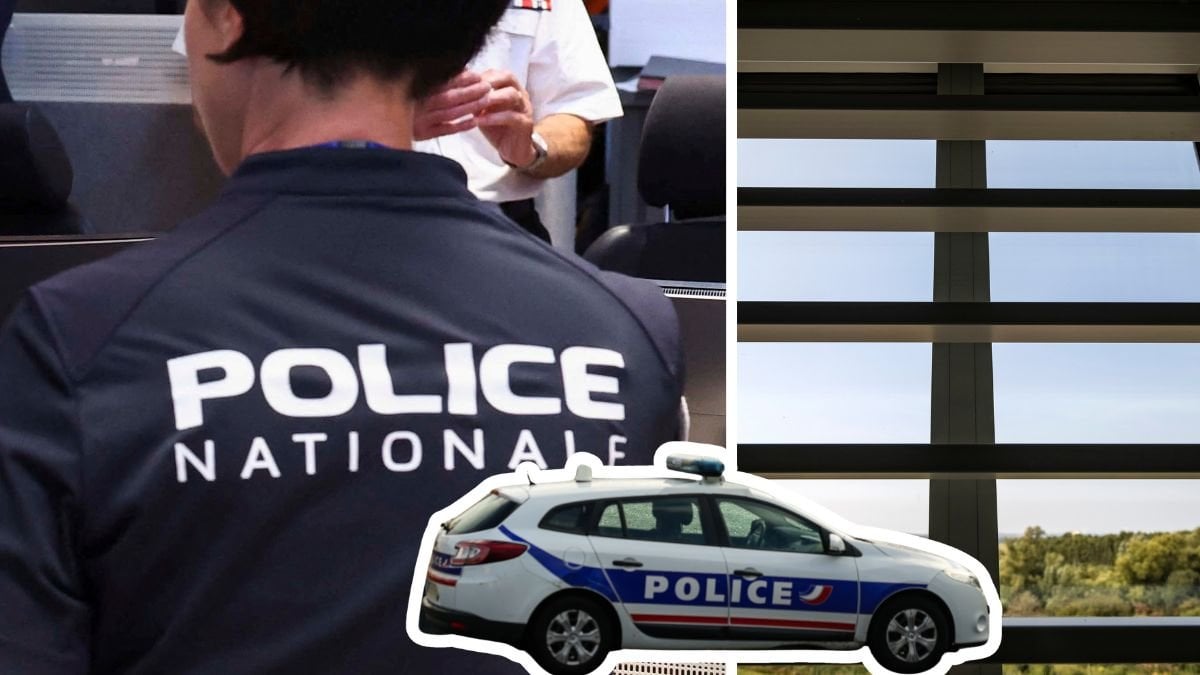 Fransk polis, fransk polisbil och häktesfönster.