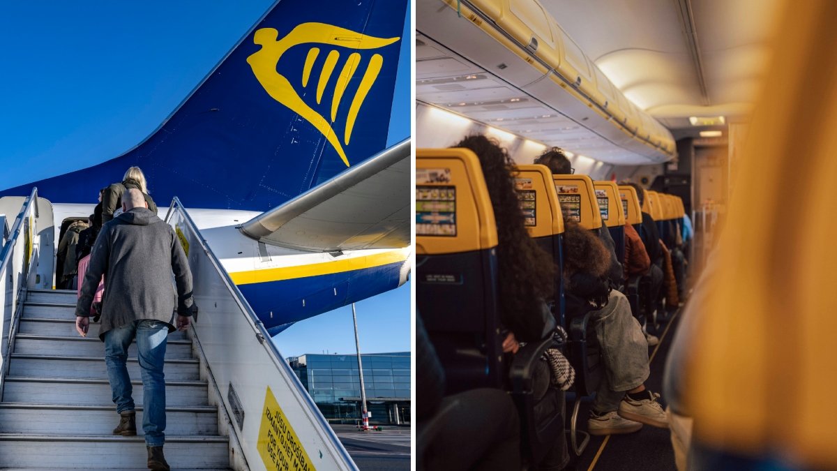 Bild inuti och utanför ett Ryanair-flygplan.