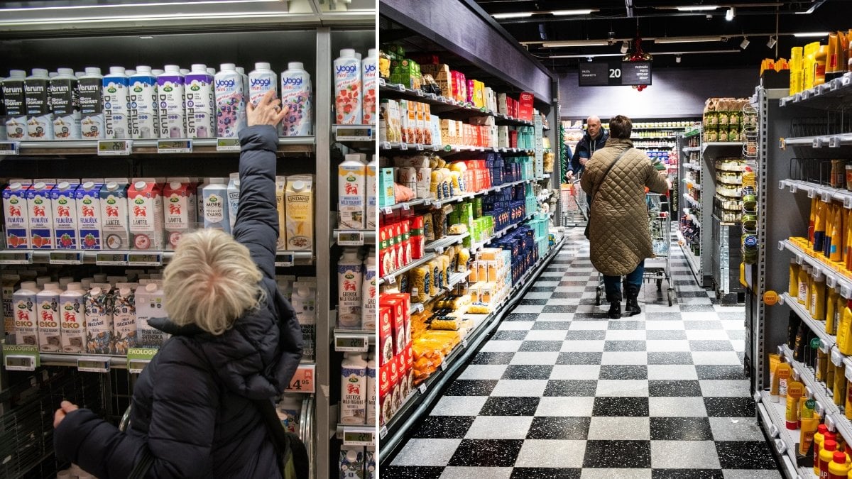 Person som handlar i matbutik och hyllor med matvaror.